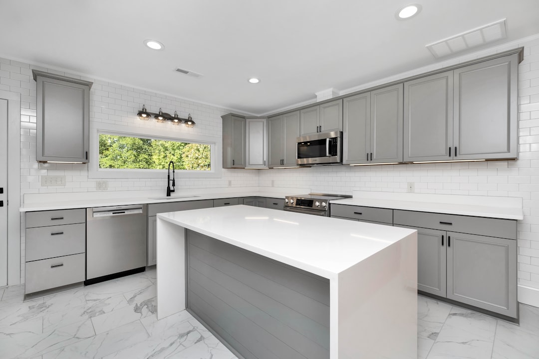 Remodeled kitchen with new cabinets and island